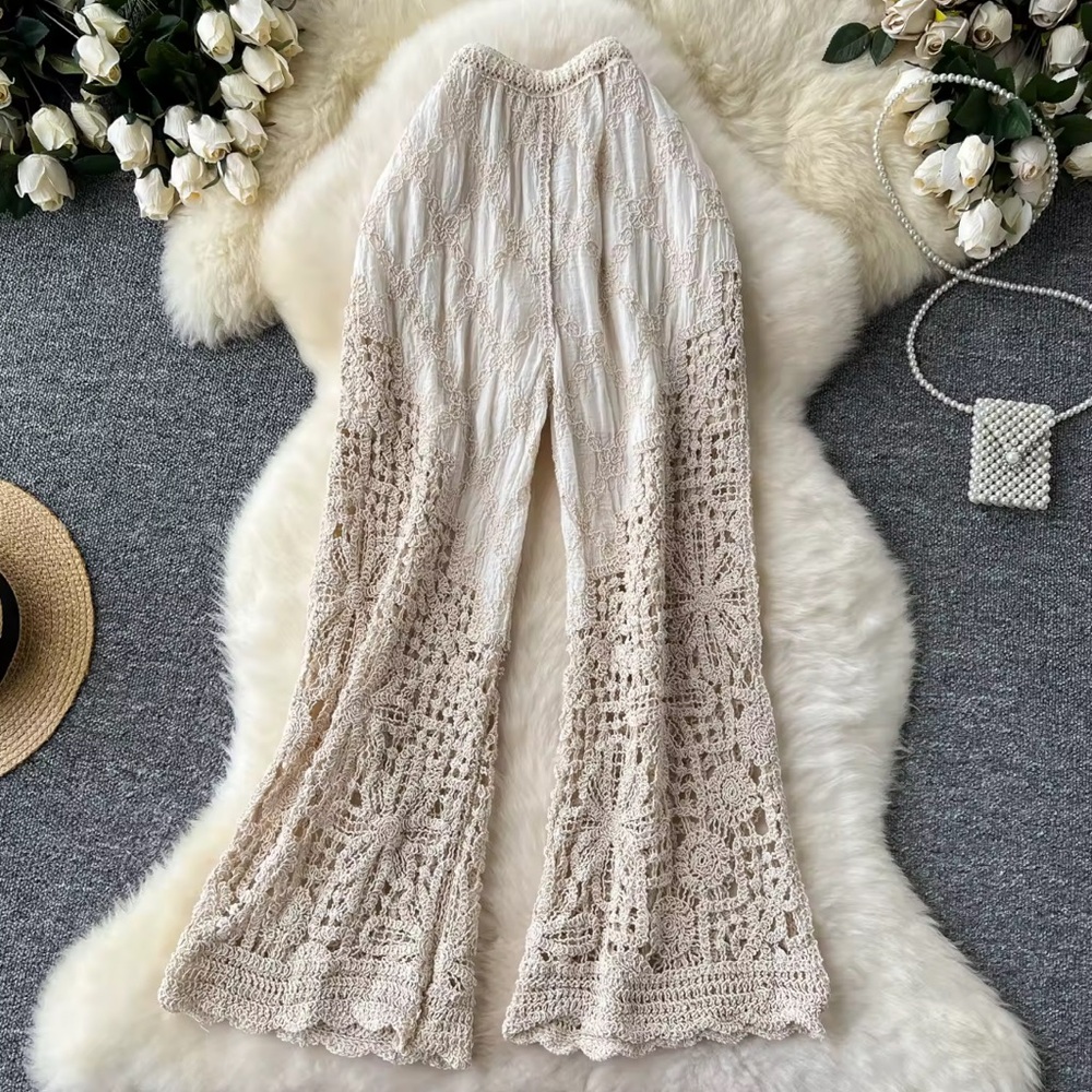 Crochet Lace floral Pants boho chic cream beige wide leg flowy embroidered - Picture 2 of 5